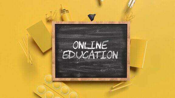 在4K分辨率的黄色背景下黄色黑板后面的黄色学校设备回到学校在线教育理念