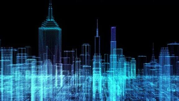 数字城市3d技术概念3d动画抽象的城市背景摩天大楼