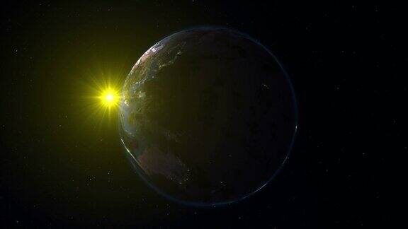真实的地球在星空和太阳的背景下在太空中旋转(循环)