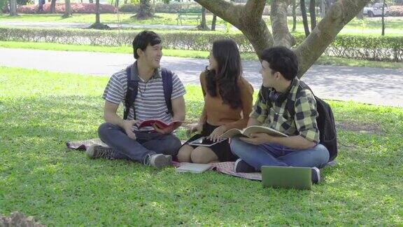 一群亚裔大学生坐在公园里看书