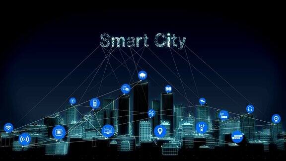 前进智慧城市上的物联网传感器图标智慧建筑连接“智慧城市”4k