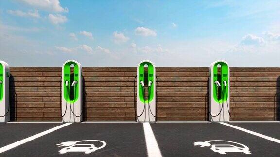 一种户外电动汽车充电设施有一排绿色的汽车充电器
