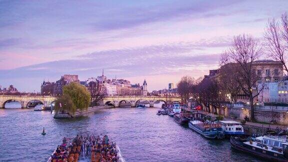 法国日落粉红天空巴黎著名的艺术城脊岛全景4k时间推移