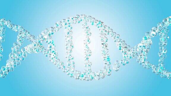 分子化学式H2O在DNA分子中来自粒子水分子的蓝色和白色动画的蓝色和绿色屏幕背景可用于科学或化妆品工业
