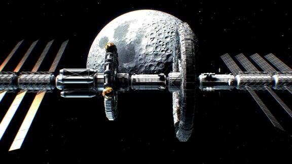 科幻星际飞船上的月球背景