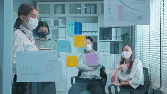一群亚洲商人和妇女戴着面具在办公室开会员工集思广益团队合作计划和讨论项目现代同事或同事的联合