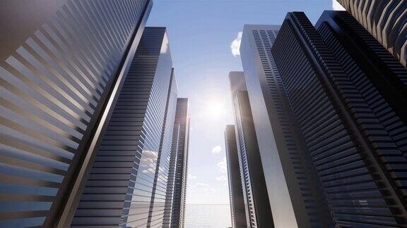 高层摩天大楼和玻璃办公大楼之间的3d动画抽象的3D白色城市的顶部市中心时间流逝视图