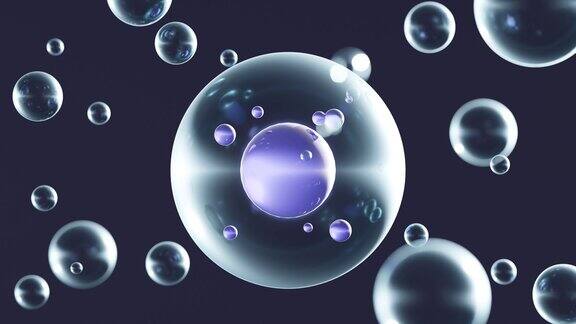 深色背景与透明的球形气泡和DNA链三维动画