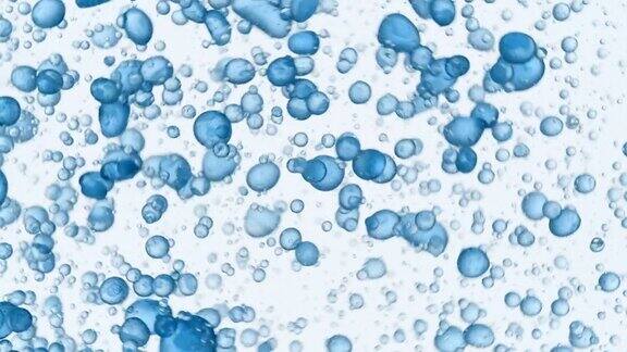 许多不同大小的蓝色气泡在清澈的液体中旋转