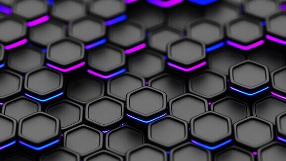 无缝循环未来的黑色数字技术背景与六边形细胞和发光的霓虹灯