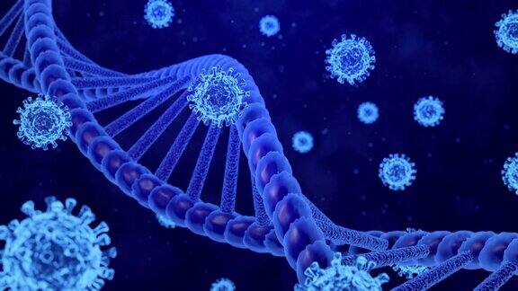 三维绘制冠状病毒COVID-19和DNA螺旋模型移动在抽象的蓝色背景