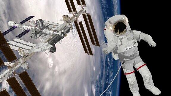宇航员太空行走在空地上挥手国际空间站围绕地球大气层旋转飓风在后面3d动画