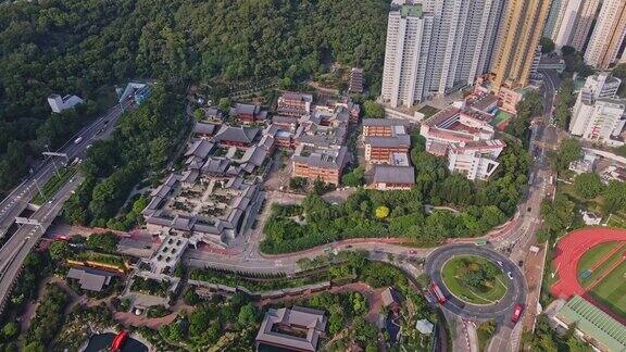 中国香港钻石山寺庙池莲庵及南莲园;空中无人机