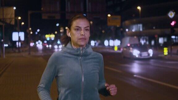 晚上在城市街道上慢跑的女人