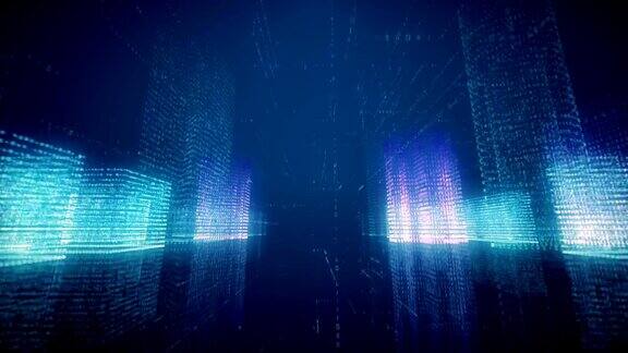 无缝抽象飞行在一个虚拟数字城市的二进制代码空间蓝色
