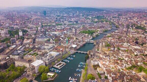 日光苏黎世中心城市景观河岸航拍全景4k时间流逝瑞士