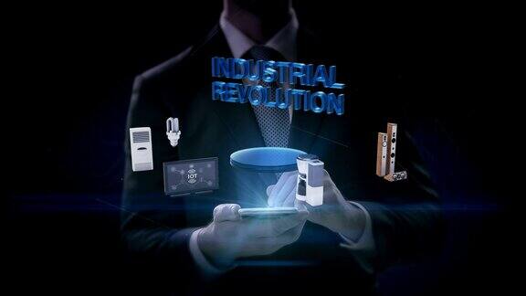 商人触摸智能手机“第四次工业革命”连接显示器微波灯泡洗衣机空调音频咖啡壶智能家电4k电影