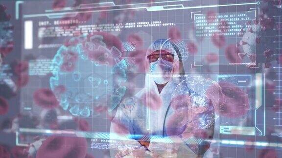 戴口罩的男医生的细胞动画和数字接口