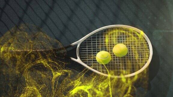 在球拍上的网球上发光的黄色粒子的动画