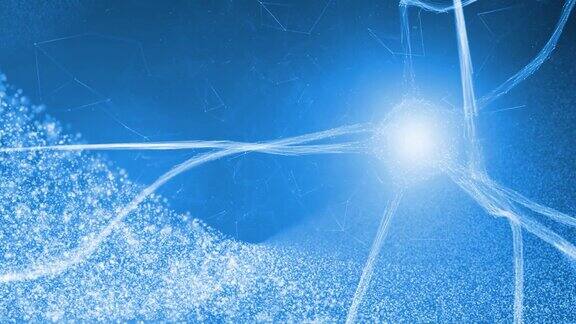 在明亮的蓝色动画背景上抽象模糊的神经元细胞