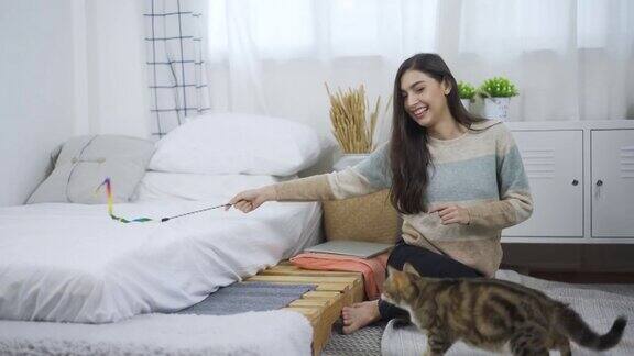 年轻的亚洲女人在卧室里和猫玩