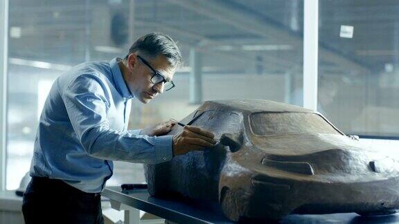 首席汽车设计师与Rake雕刻未来汽车模型从橡皮泥粘土他在一家大型汽车厂的专门工作室工作