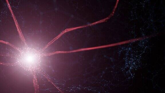 在数字运动背景下大脑中闪烁的红色神经元细胞使用选择性焦点