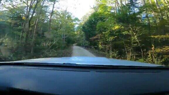 在国家森林的碎石路上行驶时看着SUV的引擎盖