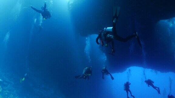 游客在帕劳的蓝洞进行水下潜水