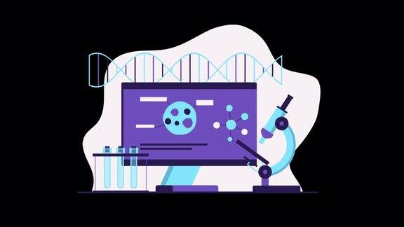 二维动画化学实验设备试管显微镜电脑DNA符号科学研究、化学、医学概念开发、创新疫苗运动设计ALPHA通道