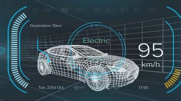 速度计和动力状态数据的动画混合动力车接口超过三维汽车模型