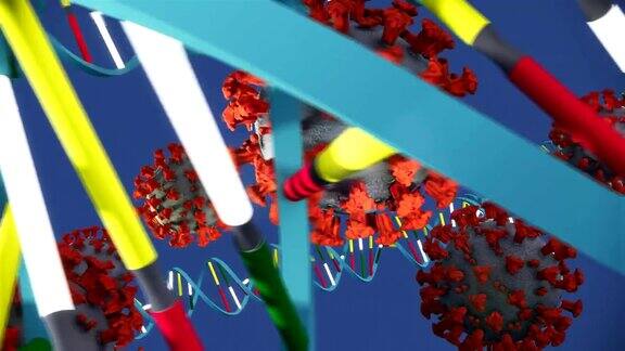 新型冠状病毒、Covid-19、2019-nCoV、Sars、Mers、H1N1、流感疫情传播微观视图、全球致命病毒感染、冠状病毒大流行危机近景、流感病毒微观视图、医疗用dna背景视频