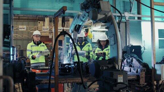 一组从事防护工作的技术工程师负责控制和指导在工厂中从事工业机器人工作的机械臂的维护