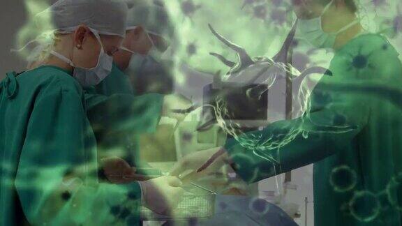 在医院进行手术的外科医生团队中漂浮着多个covid-19细胞