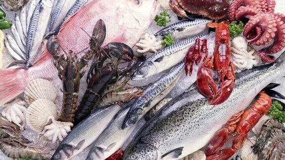 俯视图:各种豪华的新鲜海鲜龙虾鲑鱼鲭小龙虾虾章鱼贻贝和扇贝在冰的背景新鲜冷冻海鲜冰和零售市场概念