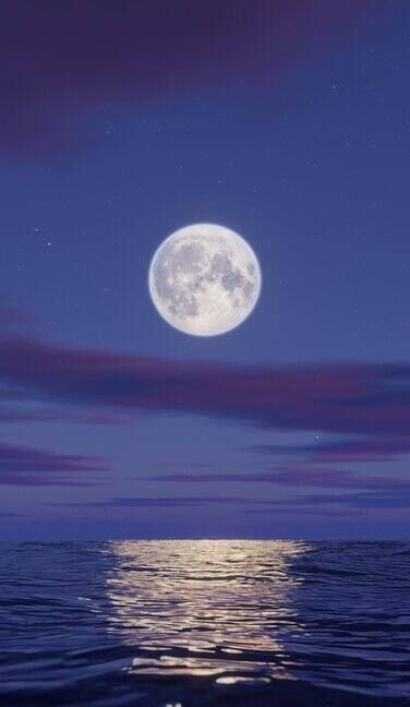 在月亮之夜飞越海洋的垂直视频