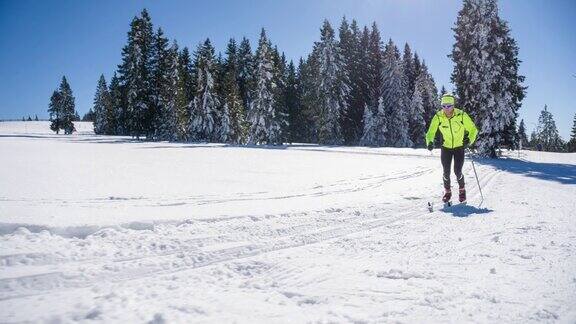 冬季越野滑雪者在美丽的阳光明媚的日子
