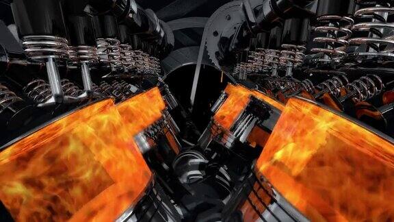 带有爆炸和火花的V8引擎动画镜头慢慢放大
