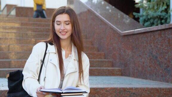 一个年轻的女学生坐在大学校园的楼梯上看书