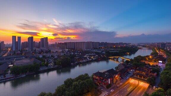 杭州城市的高角度视图大运河从早到晚的时间流逝