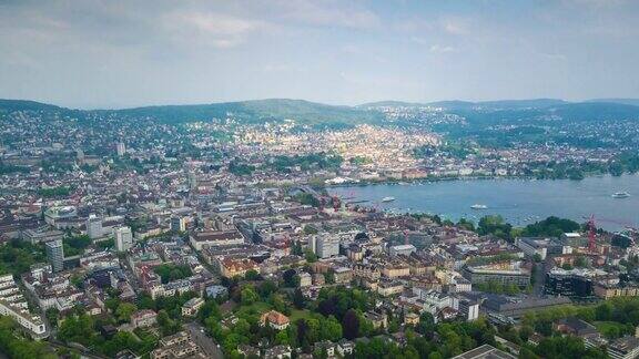 阳光明媚的一天苏黎世城市景观湖边航空全景4k时间流逝瑞士