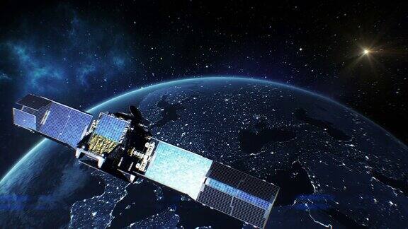 环绕地球的卫星的美丽景象人造卫星开启太阳能电池板的过程夜晚照亮地球和城市的一部分