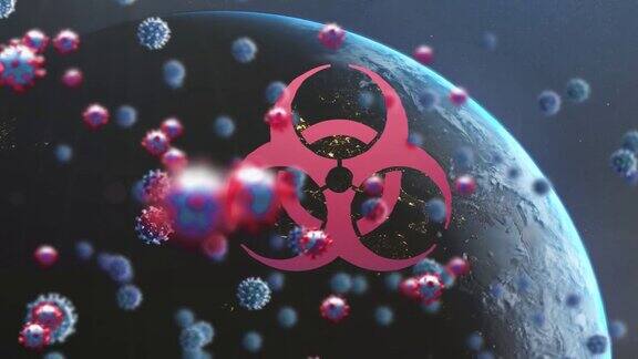 新冠病毒细胞漂浮在生物危害符号和地球上的动画