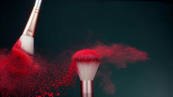 化妆刷与红色粉末爆炸在黑色背景超级慢动作