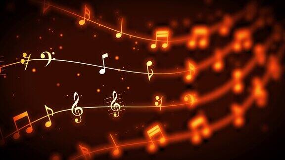音乐笔记波与运动模糊和光粒子在橙色音乐背景无缝循环