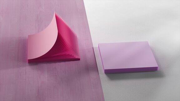 办公室贴纸堆的俯视图文具彩色胶粘纸像风扇一样打开和关闭粉紫色