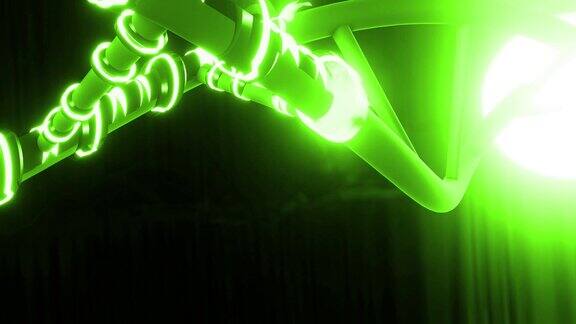 发光铁DNA分子在绿色背景上旋转的无缝动画