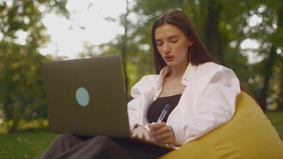 忙碌迷人的女孩女人在笔记本电脑上工作同时坐在公园草地上的豆袋椅上学生在户外学习对着镜头微笑一个自由职业者在公园工作