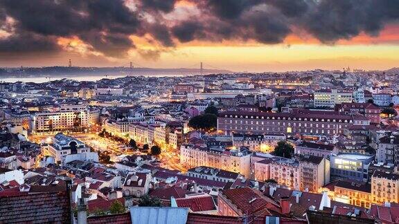 日落时分的葡萄牙里斯本历史名城时光流逝