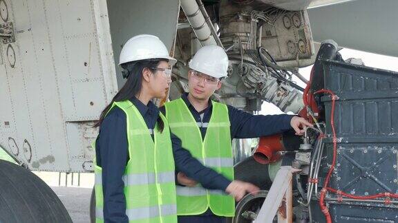 亚洲男女工程师维修飞机队维修修理现代化和翻新前飞机从机场